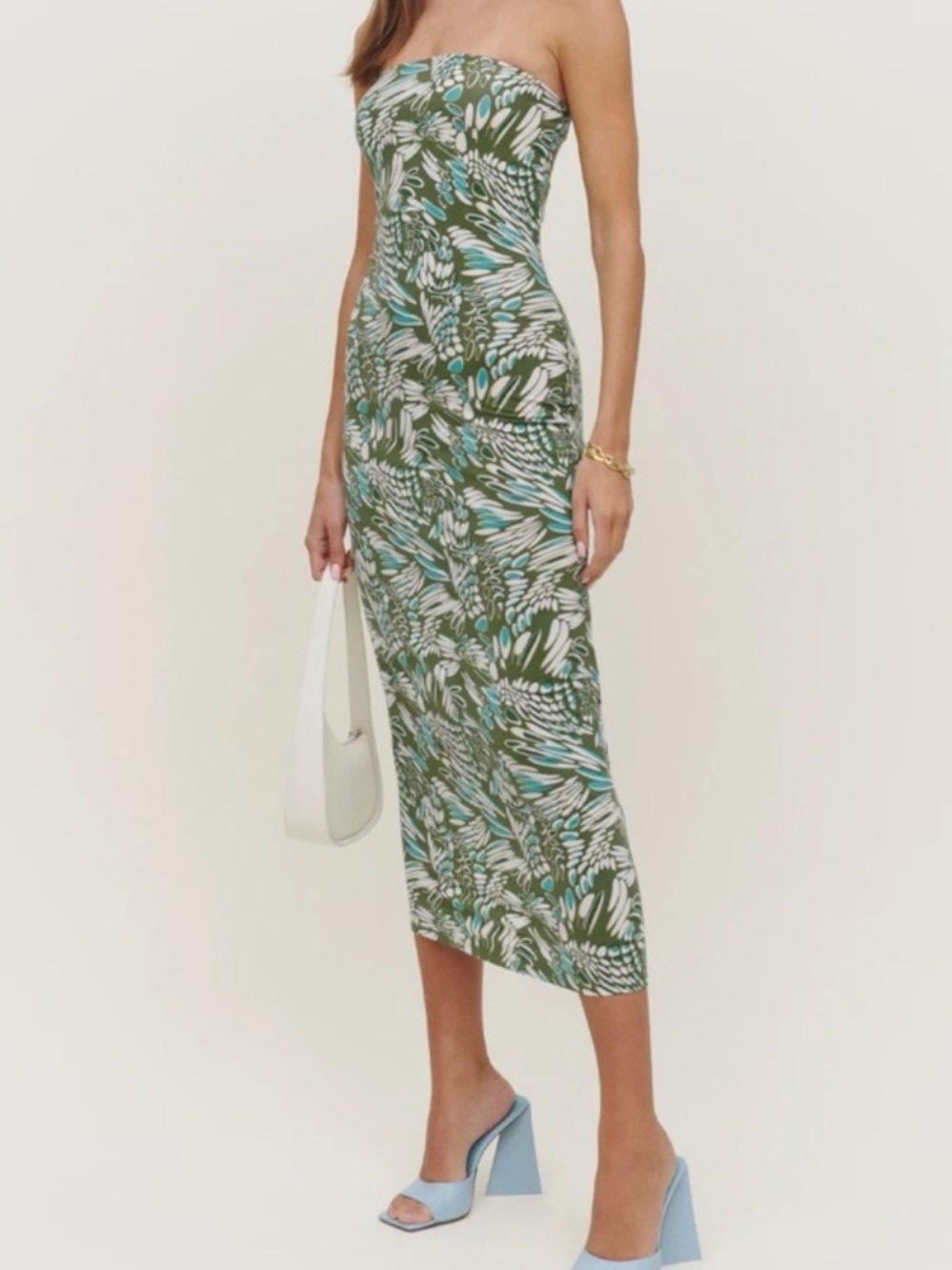 Reformation Strapless Tropical Print Midi Dress in Green and Teal